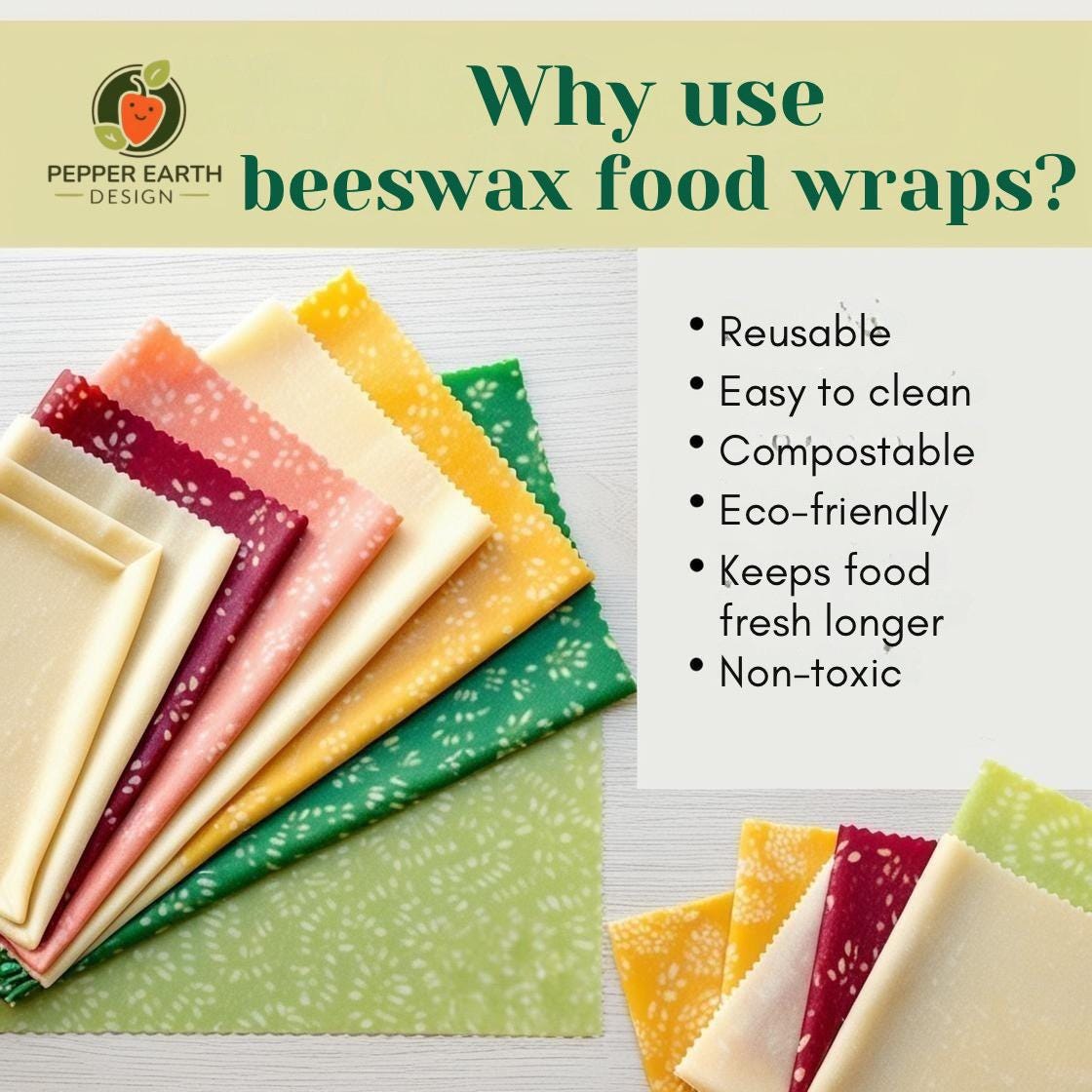 Orange + Green Patterned Beeswax Food Wrap Set | Sustainable Food Storage
